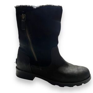 SOREL Emelie Fold Over Women's Size 7 Black Leather Fur Boots NL3025-010